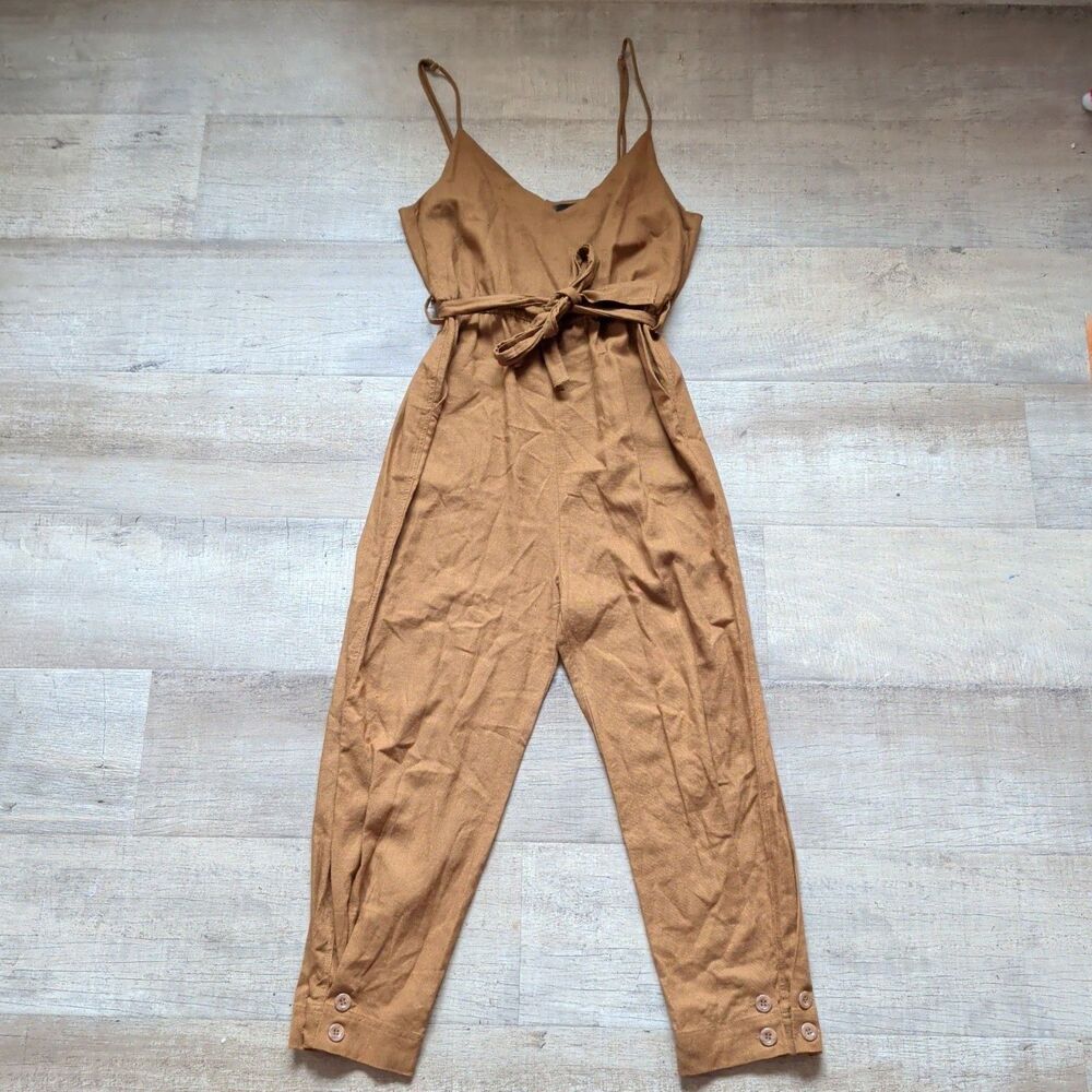 DELUC Women's Brown Linen Blend Tie Waist Spaghetti Strap Cami Jumpsuit Size M